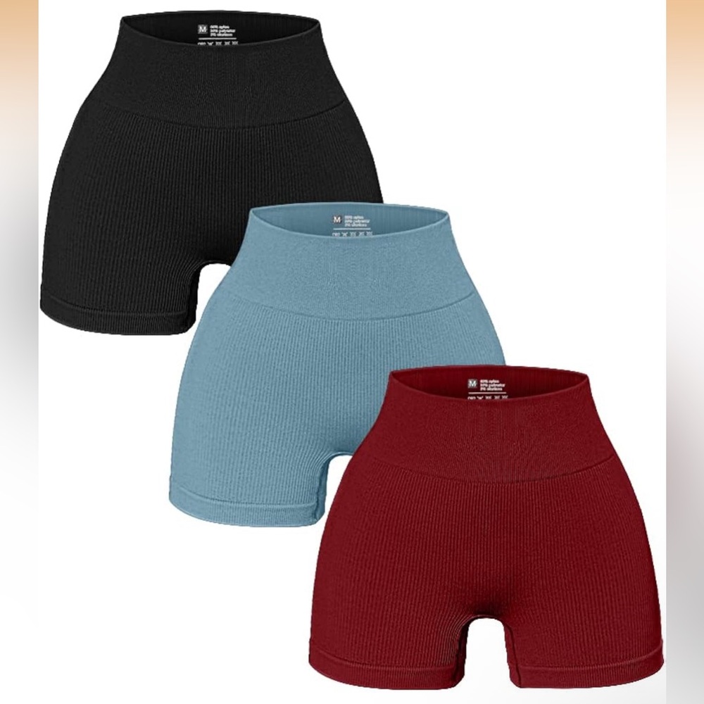 Seamless High-Waist Athletic Shorts - Black, Blue, Burgundy (3-Pack)
